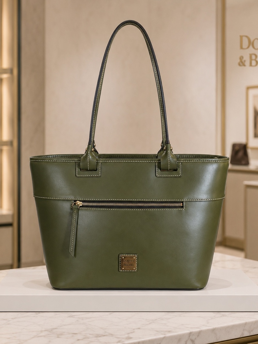 Dooney & Bourke Olive Green Leather Tote Bag with Gold Hardware!